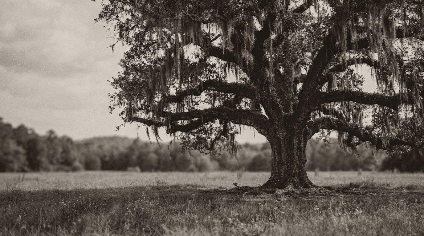 A mature oak tree with a broad canopy in an open field